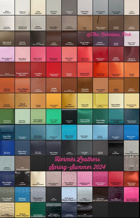 The Hermès Bag Colors of Spring/Summer 2024 - PurseBlog Birkin Colors Hermes Handbags, Hermes Kelly Bag Sizes, Birkin Bag Colors, Hermes Leather Types, Hermes Kelly Colors, Hermes Leather Colors, Hermes Color Palette, Hermes Garden Party 30 Outfit, Hermes Color Chart