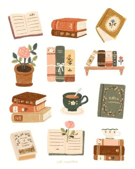 Stickers About Books, Cute Book Illustration, Stickers Illustration Ideas, Book Cute Drawing, Sticker Sheet Design, Och Monika, Book Store Illustration, Sticker Sheet Ideas, Ways To Use Stickers