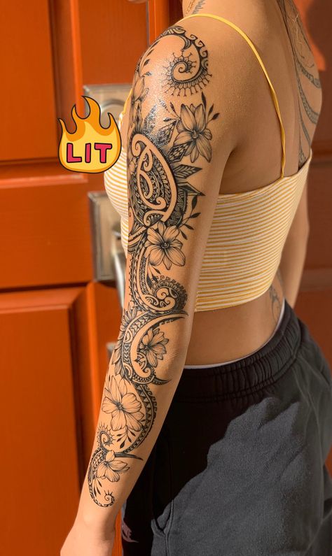 Shoulder Hawaiian Tattoos For Women, Polynesian Style Tattoo, Polynesian Sleeve Tattoos Women, Hawaiian Tattoos For Women Half Sleeves, Aztec Sleeve Tattoo Women, Guamanian Tattoos, Hawaiian Theme Tattoo, Hawaiian Spine Tattoos For Women, Hawaiian Sleeve Tattoo