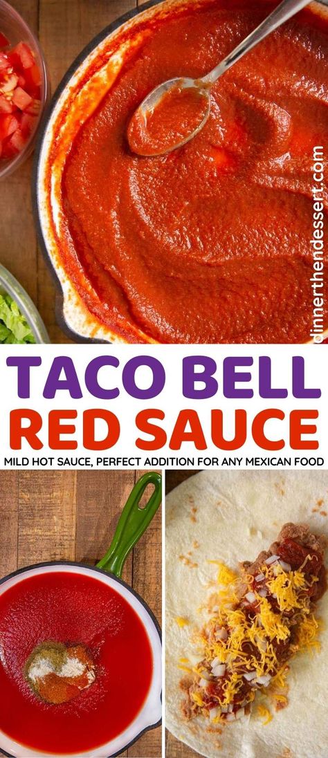 Taco Bell Red Sauce (Copycat) is your favorite fast food mild hot sauce perfect to top any Mexican food. #dinner #tacobell #copycatrecipes #tacosauce #redsauce #tacobellrecipes #dinnerthendessert Taco Villa Red Sauce Recipe, Taco Bell Red Sauce Recipe, Taco Bell Red Sauce, Burrito Sauce, Mexican Sauces, Taco Sauce Recipes, Mild Sauce, Taco Bell Sauce, Taco Bell Mexican Pizza