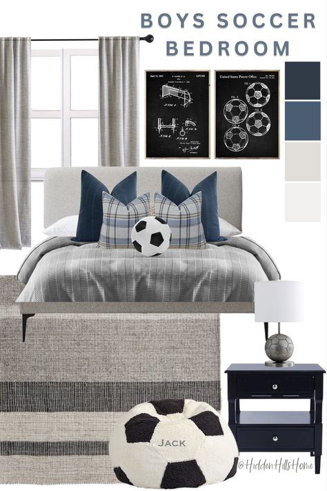 Teen boys soccer themed bedroom with navy and gray tones throughout! This boys room mood board is perfect for the soccer player! Teenage Soccer Bedroom, Navy And White Boys Bedroom, Teen Boy Soccer Bedroom, Boys Bedroom Ideas Soccer, Teen Soccer Bedroom, Boy Soccer Room, Boys Gray Bedroom Ideas, Boys Soccer Bedroom Ideas, Boys Sports Themed Bedroom