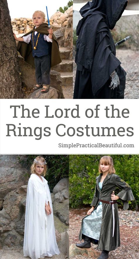 How to make costumes from the Lord of the Rings diy, including Frodo, Arwen, Galadriel, Eowyn, A Ringwraith | Costumes, accessories, and weapons | Cosplay | Halloween costume idea Lotr Hobbit Costume, Lord Of The Rings Elves Costume Female Elf, Middle Earth Costume Diy, The Hobbit Halloween Costumes, Diy Bilbo Baggins Costume, Frodo Costume Diy, Family Hobbit Costumes, Diy Gimli Costume, Diy Aragorn Costume