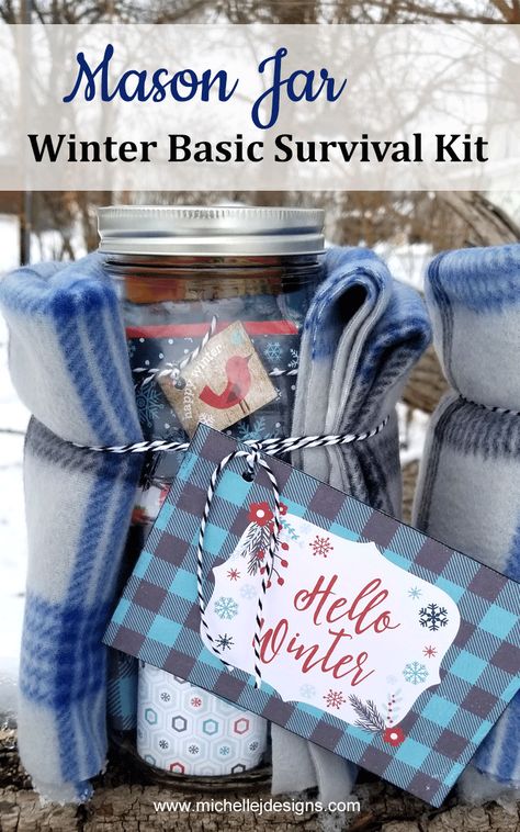 This mason jar winter basic survival kit will be perfect for my relatives moving to the midwest. Their first winter will be tough but this should help! - www.michellejdesigns.com #michellejdesigns #masonjars #masonjargifts #winterbasicsurvivalkit January Gift Basket Ideas, Winter Cold Survival Kit Gift, Survival Gift Basket Ideas, January Gift Ideas, Winter Gifts Ideas, Winter Care Package Ideas, Christmas Survival Kit Ideas, Moving Survival Kit, Winter Basket Ideas