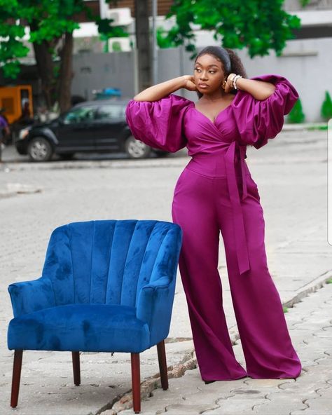 Purple Jumpsuit Outfit Wedding, Purple Jumpsuit Outfit, Jumpsuit Elegant Chic, Jumpsuit Outfit Wedding, Baddie Fashion, African Designers, Purple Jumpsuit, Fashion Forward Outfits, Office Women