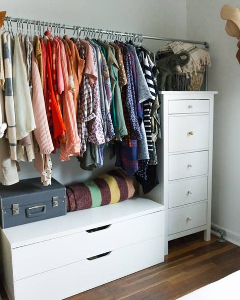 Real Small-Space Closet Solutions: How To Hang Your Clothes Out in the Open Without it Looking Like a Mess | Apartment Therapy Hang Up Clothes With No Closet, Bedroom No Closet Solution, Clothes Storage With No Closet, Clothing Storage Without A Closet, Hang Clothes Without Closet, Short Hanging Closet, Small Space Clothes Storage, No Wardrobe Solutions, How To Store Clothes Without A Closet