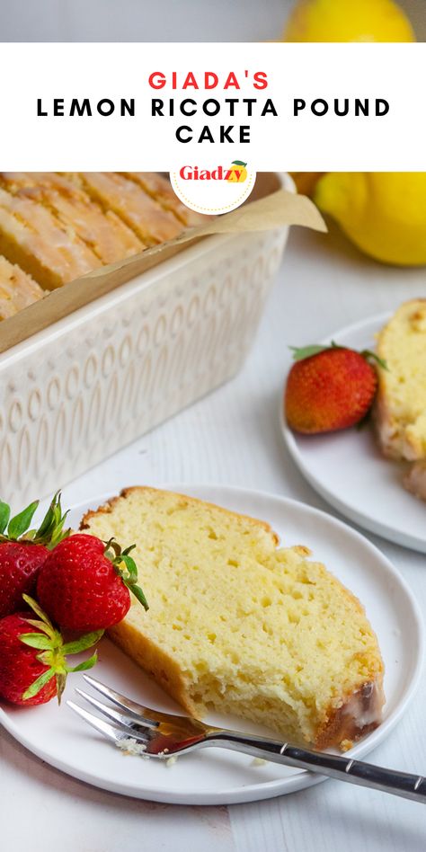 Lemon Ricotta Pound Cake Giada, Italian Lemon Pound Cake Recipe, Ricotta Cheese Pound Cake Recipes, Giada Dessert Recipes, Lemon Ricotta Loaf Cake, Lemon Ricotta Bread Recipe, Lemon Ricotta Bread, Lemon Ricotta Loaf, Lemon Cello And Ricotta Cake