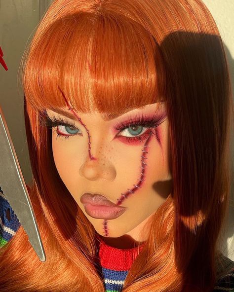 Chucky Outfit Ideas, How To Do Chucky Makeup, Chuky Halloween Costume Women, Halloween Chucky Makeup, Cute Chucky Makeup, Chucky Costume Makeup, Chuckie Makeup, Chucky Make Up, Chucky Makeup Look