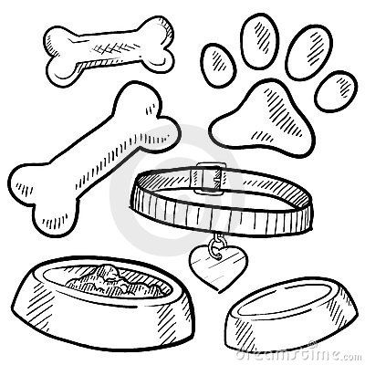 Pet dog items sketch by Lhfgraphics, via Dreamstime Dog Collar Sketch, Dog Bone Tattoo, Dog Collar Drawing, Dog Bone Drawing, Bone Doodle, Pets Furniture, Bone Drawing, Dogs Stuff, Bone Tattoos