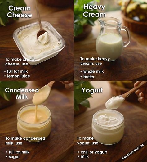 Homemade Heavy Cream, Food Alternatives, Homemade Cookbook, Homemade Sauce Recipes, Homemade Pantry, Baking Hacks, Homemade Condiments, Tasty Recipes Videos, Homemade Spices