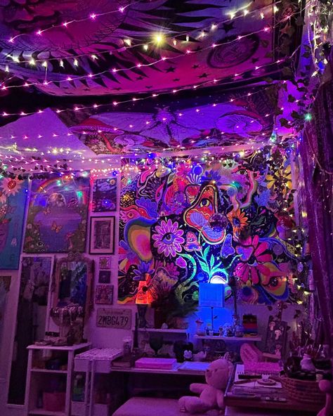 Follow me on tiktok to see more of my room @shrooomfairy 💗#room #roomdecoration #decor #aesthetic #amazon Room Ideas Aesthetic Clouds, Black Light Room Ideas, Weird Core Room, Psychadelic Room Aesthetic, Trippy Living Room Ideas, Rave Room, Neon Room Ideas, Room Ideas Colorful, Bedroom Indie