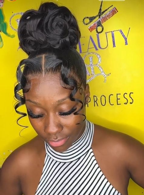 Braids Maid Hairstyles For Black Women, High Ponytail Styles For Wedding, Prom Bun Black Women, Big Curly Ponytail Weave, Updo With Weave For Black Women, Chinese Bun Hairstyle Black Women, Bun Hairstyles For Black Women Weave, Up Do For Black Women, Ponytail Hairstyles For Black Women Updo