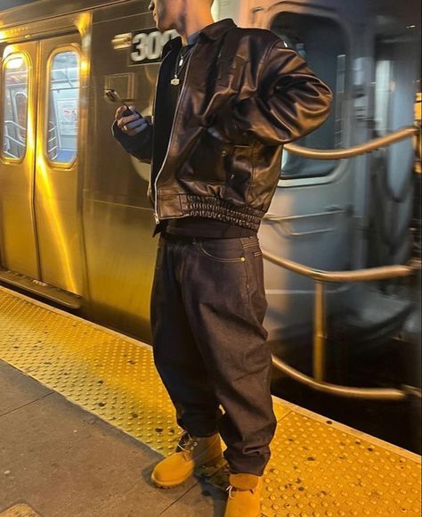 Timberlands Outfit, Timbs Outfit, Timberland Outfit, Looks Hip Hop, Leather Jacket Outfit Men, Timberland Outfits, Stile Hip Hop, Dope Outfits For Guys, Street Fashion Men Streetwear