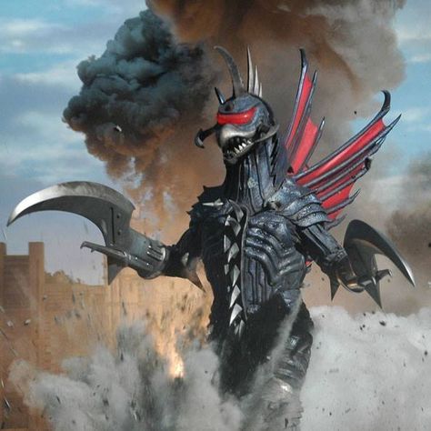 Modified Gigan was his second form in Godzilla: Final Wars, where he is rebuilt with a different head and chainsaws instead of hooks. He was released to battle Mothra, and temporarily defeated her. He attempted to help Monster X in his battle with Godzilla, but he was attacked by Mothra. He nearly killed Mothra with his beam, but his blades flew at him and cut his head off. Mothra, now on fire, slammed into him, causing him to explode and die. . Godzilla Final Wars, Giant Monster Movies, Kong Godzilla, Robot Monster, All Godzilla Monsters, Japanese Monster, The Creeper, Kaiju Art, Horror Monsters