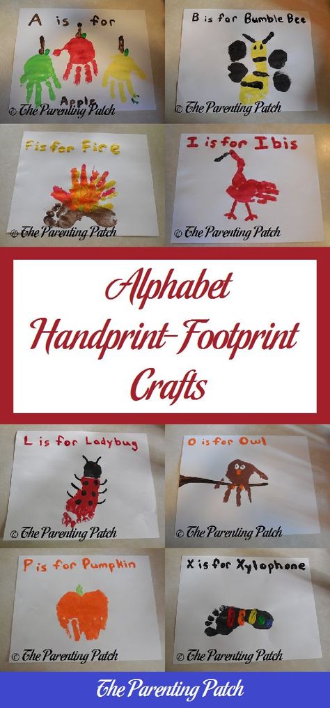 Make handprint and footprint crafts for each letter of the alphabet using nontoxic paint. Alphabet Hand And Footprint Crafts, A Arts And Crafts Letter, Infant Letter Crafts, Alphabet Hand Print Art, Abc Painting Ideas, Letter H Handprint Art, H Is For Craft Hand Prints, Abc Painting Alphabet, V Is For Handprint Craft