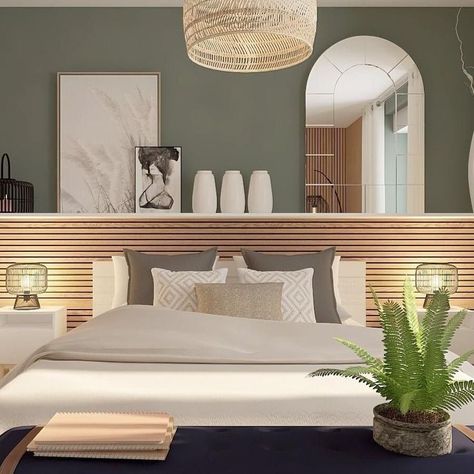 10 Stunning Wood Slat Headboard Ideas Master Bed Focal Wall, Bedroom Accent Wall No Headboard, Rattan Furniture Bedroom Ideas, Accent Wall Above Bed, Bright Accent Wall Bedroom, Vertical Wood Slat Accent Wall, Two Beds In One Room Ideas Adults, Coastal Contemporary Bedroom, Spa Inspired Bedroom