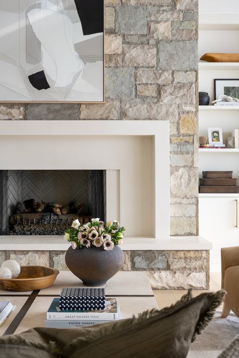 PC Contemporary Project: The Great Room - Studio McGee Grey Stone Fireplace, Stone Fireplace Designs, Stone Fireplace Wall, White Mantel, Contemporary Studio, Living Tv, Cottage Living Rooms, Studio Mcgee, Cottage Living