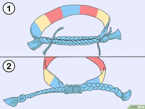 3 Ways to Tie Friendship Bracelets - wikiHow How To Make Friendship Bracelets Tie, Finishing Friendship Bracelets Ties, Friendship Bracelets Tie Off, Friendship Bracelet Finishing, How To Finish A Friendship Bracelet Adjustable, How To Finish Friendship Bracelet Ends, How To Tie Off Friendship Bracelets Adjustable Knot, Friendship Bracelets Ending Ties, How To Tie Off A Friendship Bracelet