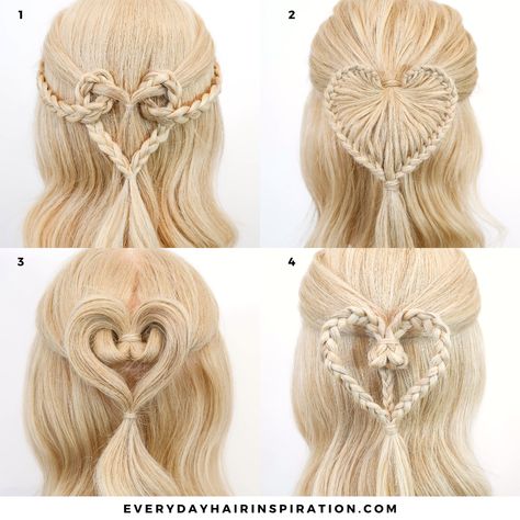 Valentines day Hairstyles Heart Updo Hairstyles, Braid Heart Hairstyles, Heart Braid Styles, Valentines Day Hairstyles Braids, Short Hair Long Braids, Braided Heart Hairstyles, Heart Hairstyle Braids, Hearts In Hair, Heart In Hair