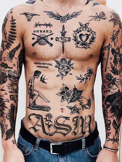 (Visita il nostro sito templedusavoir.org) Tattoos Torso, Many Tattoos, Tato Tradisional, Tato Dada, Small Chest Tattoos, Torso Tattoos, Men Chest, Tattoo Inspiration Men, Cool Chest Tattoos