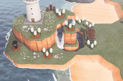 Pier Ideas Animal Crossing, Animal Crossing Kapp'n Pier Ideas, Acnh Peninsula Ideas Lighthouse, Board Walk Animal Crossing, Peninsula Ideas Animal Crossing, Acnh Beach Entrance, Acnh Lighthouse Area, Acnh Harbor Ideas, Animal Crossing Gazebo Ideas