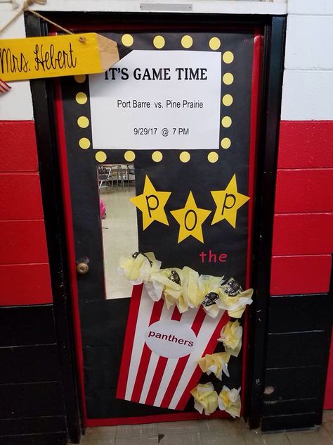 Classroom door decoration - Homecoming football game - pop the panthers Homecoming Office Decorations, Spirit Door Decorations, Homecoming Door Decorations High School Football, Hallway Decorating Homecoming, Homecoming Classroom Door, Homecoming Door Ideas Football, Hollywood Door Decorations, School Spirit Door Decorations, Football Door Decorations