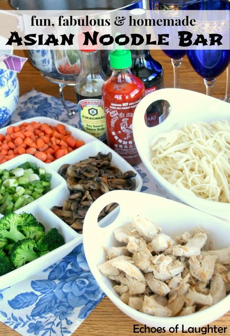 Make An Asian Noodle Bar! This is so fun for a family night. Great for big kids, little kids & picky eaters! Soup Bar, Ramen Bar, Mexican Salads, Asian Dinners, Chinese Vegetables, Asian Noodle, Picky Eaters Kids, Noodle Bar, Food Bar