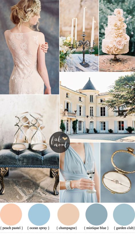 Romantic Provencal Wedding Inspiration In Champagne Peach And Shades Of Blue | fabmood.com Blue And Champagne Wedding Colors, Blue And Champagne Wedding, Champagne And Blue Wedding, Champagne Wedding Colors, Provence Wedding, Blue Wedding Inspiration, Wedding Color Inspiration, Wedding Palette, Wedding Theme Colors