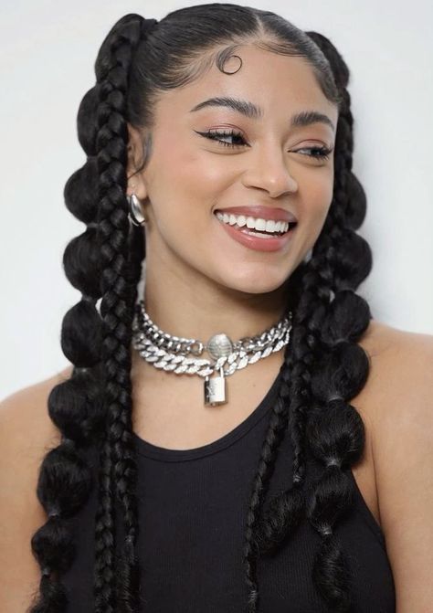 Gel Less Hairstyles, Rave Braided Hairstyles, 2 Pigtails With Braids, Edgy Black Hairstyles, 2 Side Ponytail Hairstyles, Pig Tail Hairstyles For Black Women, Cute Updo Braided Hairstyles, Pigtail Braids With Bows, Bubble Braids With Braids