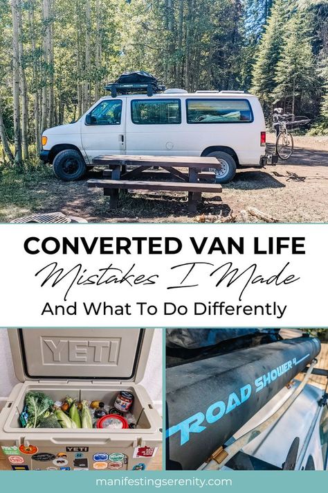 Graphic with an image of a van, cooler and shower and the title "Converted Van Life Mistakes I Made & What To Do Differently." Promaster Van Conversion Interior, E250 Van Conversion, Conversion Van Camper, Van Life Build, Convert Van To Camper, E350 Van Conversion, Econoline Van Conversion, Small Van Conversion, Van Conversion Floor