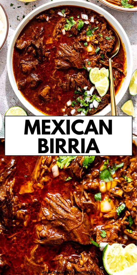 This authentic Mexican Birria de res features a rich chile broth with chunks of tender, juicy beef. Serve as a stew topped with cilantro and onions or use it to make birria tacos. Healthy Mexican Meal Ideas, Quick Birria Recipe, Mexican Beef Recipes Authentic, Beef Birria Recipe Mexican Crockpot, Birria Tacos Stovetop, Birria Meat Recipe, Biria Taco Recipe, Mexican Birra, Beef Birria Recipe Mexican Authentic