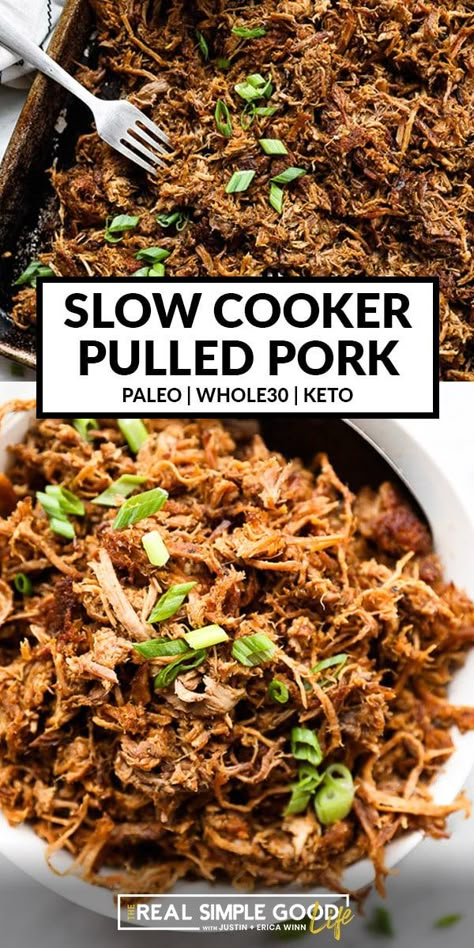 Easiest Ever Slow Cooker Pulled Pork (Keto + Whole30) Paleo Pulled Pork, Keto Pulled Pork, Pulled Pork Dinner, Easy Pulled Pork Slow Cooker, Easy Crockpot Recipes Healthy, Crock Pot Pulled Pork Recipe, Pork Crockpot Recipes, Chicken Crockpot Recipes Healthy, Pork Recipes For Dinner