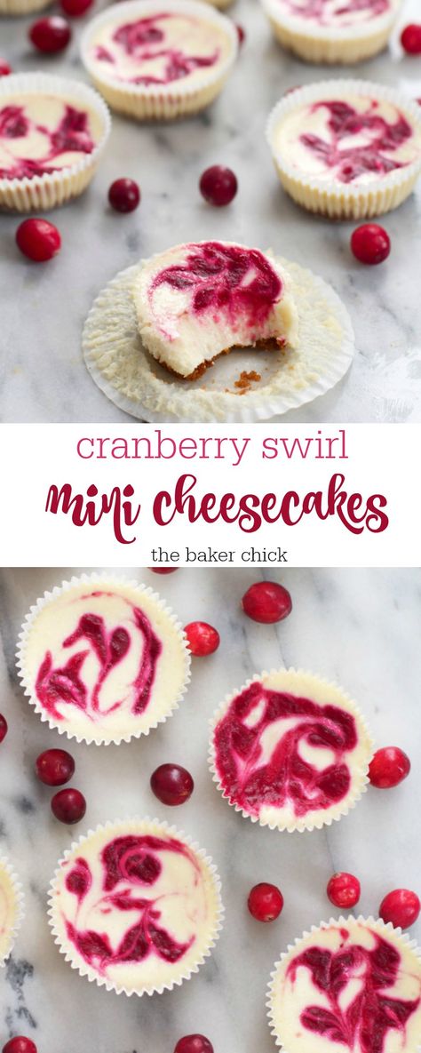 cranberry-swirl-mini-cheesecakes Imbolc Recipes, Biscotti Cheesecake, Cranberry Cheesecake, Christmas Cheesecake, Cranberry Cream Cheese, Cranberry Muffins, Cheesecake Mini, Types Of Desserts, Savory Cakes