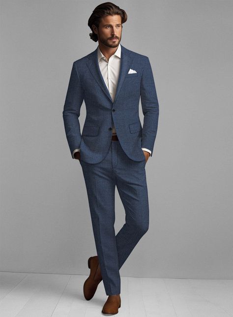 A luxurious spin on classic tailoring, our Solbiati Denim Blue Linen Suit is an elegant piece that ensures an impeccable look. Crafted from pure linen, it offers a lean and polished appearance, as well as exceptional breathability for a stylish and comfortable feel. Meticulously tailored with contemporary details, this suit creates a sleek and powerful silhouette that is sure to make a statement at any social gathering or formal meeting.     About Solbiati Pericle Collection :  A blend of artisan craftsmanship and the finest linen, designed for those who cherish classic elegance with a modern twist. Our collection offers unparalleled comfort and impeccable style. With the freedom to explore vibrant textures and colors, from sophisticated two-tone twills to lively mélange patterns, Pericle Classic Mens Suits, Men Wedding Suits Classy, Blue Formal Outfit Men, Male Suits Classy, Blue Suit Men Wedding, Hoi An Tailor Clothes, Mens Suit Blue, Blue Summer Suit, Blue Suits For Men