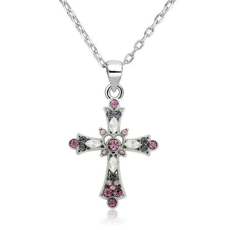 Purple Crystal Paved Jesus Piece Flower Cross Pendant Religious Christian Necklace Woman Latest Inspirational Jewelry Chain Link Necklace Silver, Necklace Woman, Jesus Piece, Purple Cross, Flower Cross, Christian Necklace, Silver Link Chain, Inspirational Jewelry, Crystal Cross