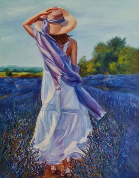 Wood Dress, Summer Lavender, Paradise Painting, Impasto Art, Sun Painting, Dress Lavender, Romantic Paintings, Colorful Oil Painting, Lavender Dress