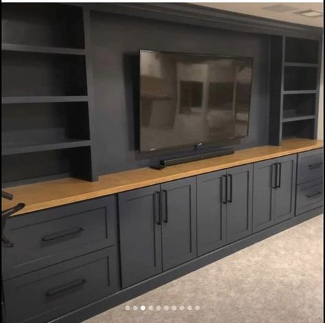 Theatre Style Living Room, Dark Built In Media Wall, Built In Movie Shelves, Large Family Room Sectional, Dark Grey Entertainment Center, Basement Tv Wall Ideas Built Ins, Basement Tv Ideas, Basement Tv Built In, 4 Tvs On One Wall Game Room