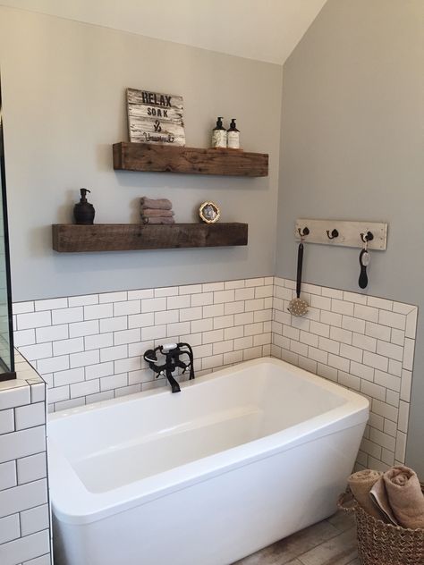 Barn wood floating shelves, hanging shelve, and diy relax sign. Floating Shelves Over Bathtub, Decor Over Tub Bathroom, Bathroom Shelves Over Bathtub, Over Bathtub Shelves, Bath Tub Shelves, Above Tub Shelves, Bathtub Floating Shelves, Shelves Above Bathtub Wood, Shelf Above Bath