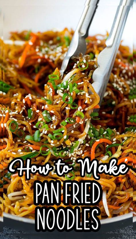 These pan fried noodles are tossed with colorful vegetables and coated in a savory sauce. Pan Fried Lo Mein Noodles, Beef Pan Fried Noodles Recipe, Asian Pan Fried Noodles, Garlic Fried Noodles, Chinese Flat Noodle Recipe, Asian Recipes With Vegetables, Stir Fry Noodle Recipe, Recipes With Brown Rice Noodles, Stirfry Noodle Sauce