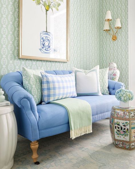 Living Rooms With White Sofas, French Farmhouse Living Room, Rugs Wallpaper, Dreamy Palette, Blue And Green Living Room, Caitlin Wilson Design, Interior Design Apartment Small, Blue Blanc, Green Living Room Decor