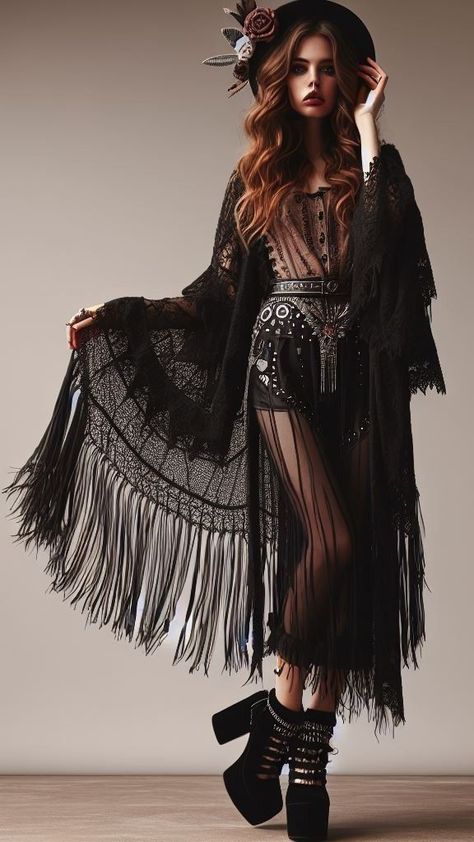 Rave Witch Outfit, Bohemian Rave Outfit, Boho Punk Outfits, Gothic Boho Fashion, Goth Boho Outfits, Hippie Goth Fashion, Dark Boho Outfits, Dark Bohemian Fashion, Boho Witch Outfits