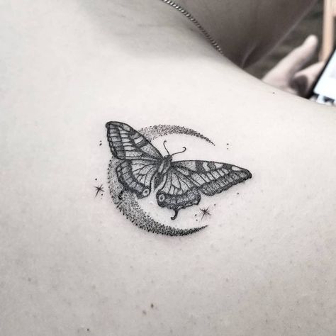 Butterfly Moon Tattoo Small, Butterfly On Moon Tattoo, Moon And Butterfly Tattoo Designs, Sun And Moon Butterfly Tattoo, Dotwork Butterfly Tattoo, Moon With Butterfly Tattoo, Moon And Butterfly Tattoo, Butterfly And Moon Tattoo, Butterfly Moon Tattoo