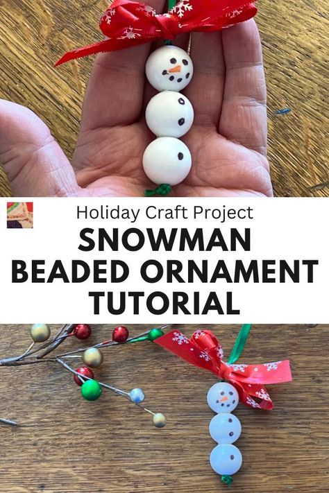 Wooden Beads Crafts Diy, Wooden Bead Christmas Ornaments Diy, Beaded Snowman Ornament, Wooden Bead Snowman Ornament, Snowman Bead Ornament, Wood Bead Ornaments Diy, Christmas Beads Ideas, Wooden Bead Snowman, Snowman Themed Christmas Tree