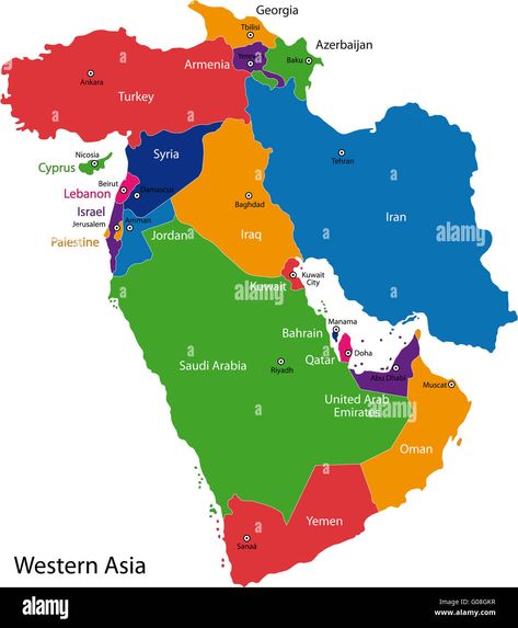 Download this stock image: Western Asia map - G08GKR from Alamy's library of millions of high resolution stock photos, illustrations and vectors. Yemen Sanaa, Middle East Map, Manama Bahrain, Sea Map, Asia Map, Western Asia, India Map, Kuwait City, Country Names