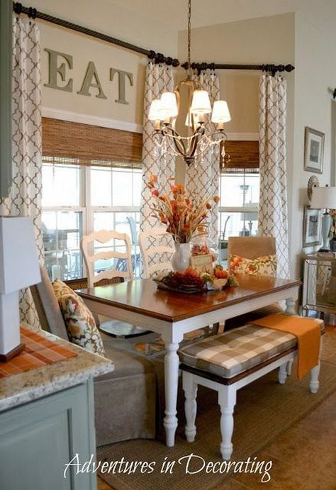 Neutral Breakfast Nook. Farmhouse Kitchen Window Decor, Breakfast Nook Curtains, Nook Seating, Dining Nooks, House Flips, Kitchen Window Decor, Bay Window Treatments, Kitchen Bay Window, Trendy Farmhouse Kitchen