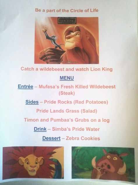 Disney Family Movie Night - The Lion King menu Disney Dinner And Movie Night Lion King, Disney Movie Night Menu Lion King, The Lion King Dinner Ideas, Lion King Date Night, The Lion King Themed Dinner, The Lion King Movie Night, Lion King Themed Dinner, Disney Food Movie Night, Lion King Meal Ideas