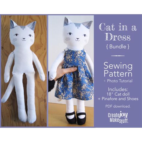 "18\" Cat Doll Sewing Pattern Bundle - 18\" Cat in a Dress Save on this bundle of patterns. The 18\" cat doll + the Pinafore Set which includes the pinafore dress and Mary-Jane shoes. A sweet and classic style.   This set includes the patterns: ⦿ The 18\" Cat doll ⦿ The Pinafore pattern ⦿ The MaryJane Shoes pattern Easy to make with minimal materials required. Basic sewing skills necessary. Have fun coordinating different combinations of fabrics and colours.  Included in each full colour PDF file (3 PDF files): ⦿ Step by step instructions with lots of photos ⦿ Ready to print (no scaling required) ⦿ Materials list 18\" Cat doll on its own: https://www.etsy.com/ca/listing/580291806/18-cat-doll-sewing-pattern-and-tutorial Pinafore Set on its own: https://www.etsy.com/ca/listing/487021726/for- Cat Doll Sewing Pattern, Cat In A Dress, Sewing Notes, Rag Doll Sewing Pattern, Rag Doll Dress, Pinafore Pattern, Bowtie Pattern, Dress And Shoes, Apron Sewing Pattern