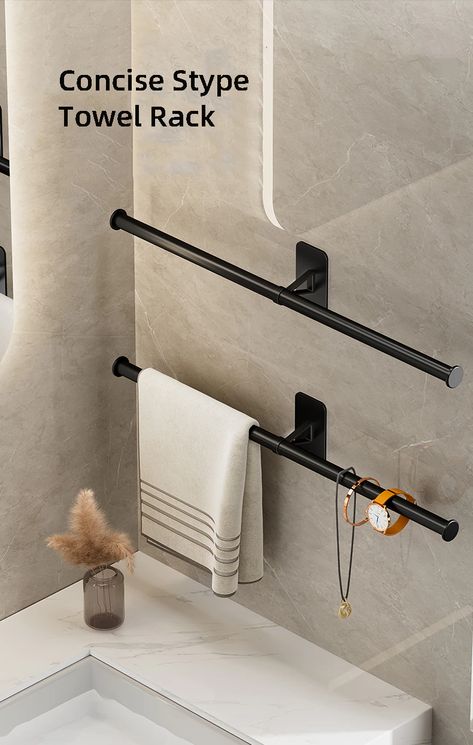 Bathroom Towel Hanging Ideas Modern, Towel Rack On Tile Wall, Black Towel Rack Bathroom, Bathroom Towel Racks Ideas, Walk In Shower Towel Rack Ideas, Unique Towel Holder, Where To Hang Towel Bars In Bathroom, Powder Room Towel Holder Ideas, Towel Rod Ideas Bathroom