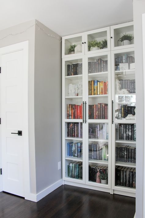 Ikea Billy Bookcase With Glass Doors, Book Shelf With Glass Door Ideas, Library With Glass Doors, White Billy Bookcase With Black Doors, Home Library With Glass Doors, Built In Bookshelves With Glass Doors, Bookshelf Glass Doors, Ikea Billy Bookcase With Doors, Billy Bookcase With Glass Doors