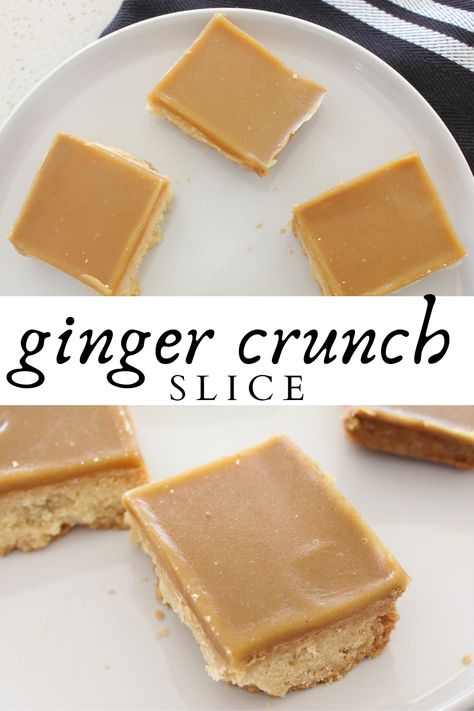 Ginger Crunch Slice, Ginger Slice Recipe, Flavoured Icing, Nz Recipes, Ginger Desserts, Ginger Crunch, No Bake Slices, Caramel Biscuits, School Dinner