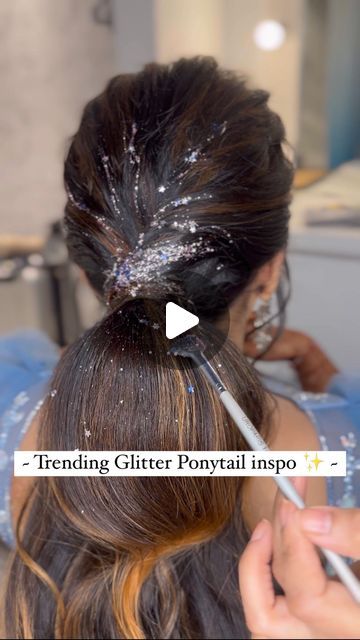 Reception Look Hairstyle, Glitter Ponytail Hairstyles, Hair Styles With Glitter, Glitter Hair Updo, Glittery Hairstyles, Pony Hairstyles With Saree, Glitter Ponytail, Glitter Hairstyle, Pony Hairstyles For Wedding